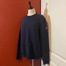 Fjallraven Men's Ovik Nordic Wool Knit Navy Slouchy Elbow Patch Crewneck Sweater