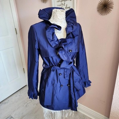 LKNW Vintage Blue Carlisle trench coat ruffle unique belted 6 double breast