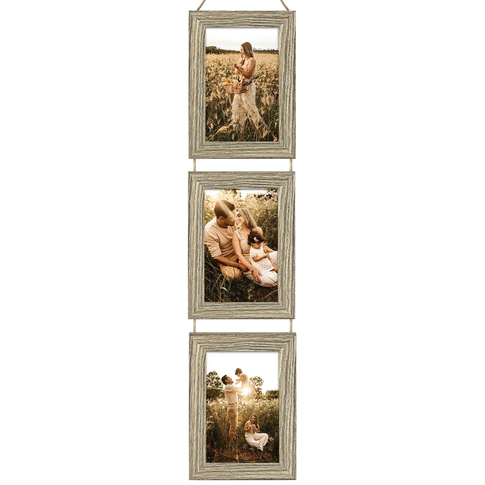 Photo Frame with Twine 6x4, Wooden Hanging Multi 3 Picture 4X6, Brown