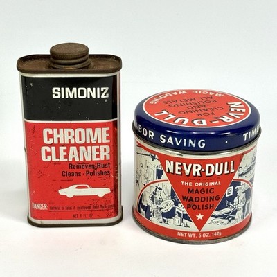 SIMONIZ & NEVER-DULL Metal and Chrome Polish / Cleaner Cans  Part. Full Vintage