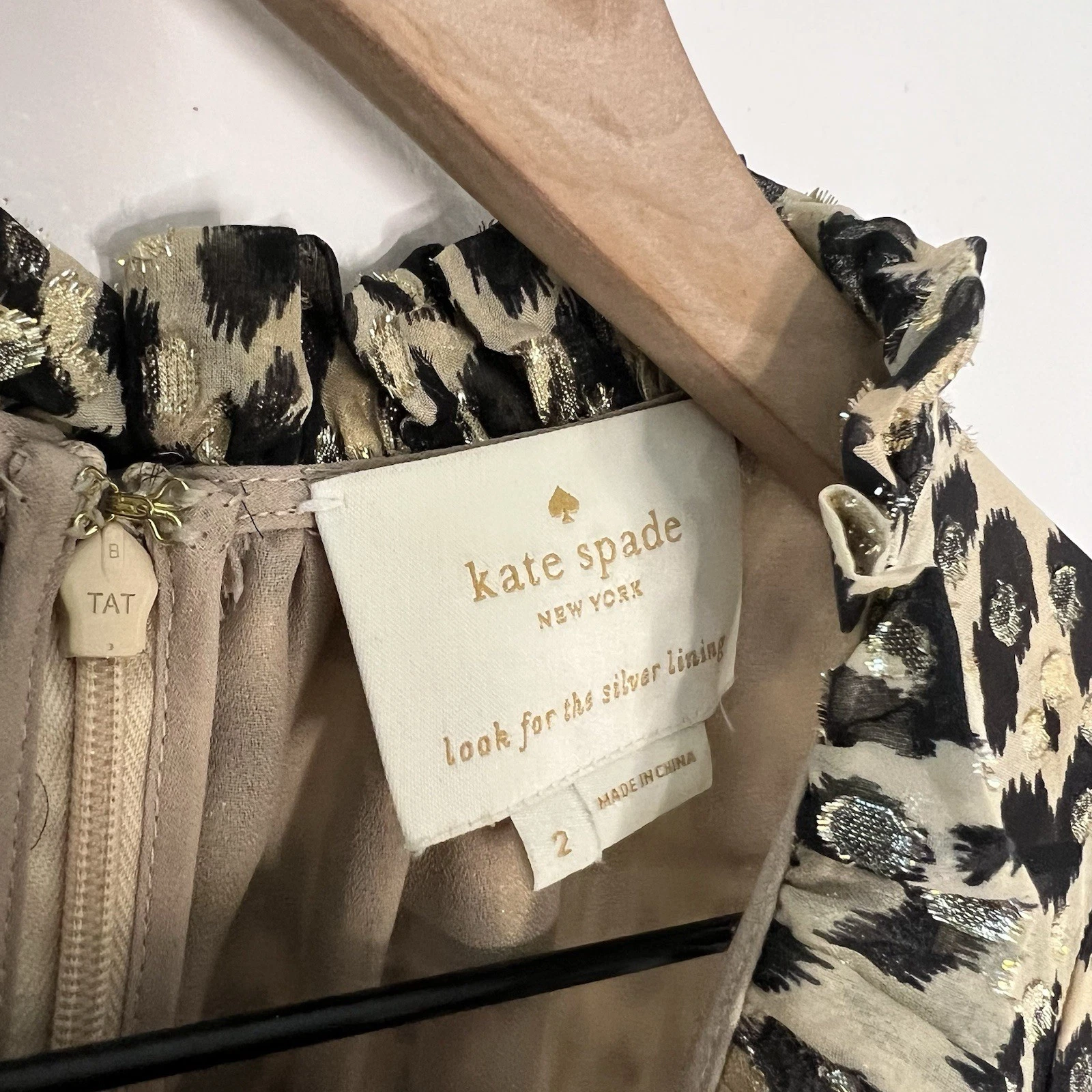 Abito a tubino Kate Spade New York seta chiffon metallizzato leopardato taglia 2 mini oro