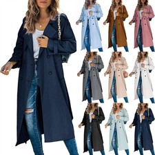 Damen Langer Trenchcoat Coat Reverskragen Jacke Mantel Freizeitjacke Neu