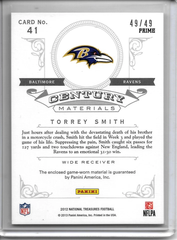 2012 National Treasures TORREY SMITH CENTURY MATERIALS PRIME 3 CLR PATCH #49/49! - Image 2 of 2