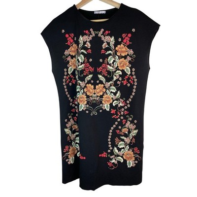 Zara Basic Women's Size M Black Cap Sleeve Asian Inspired Floral Mini Dress