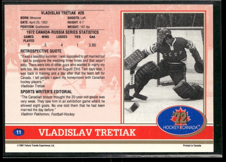 1991-92 Future Trends Canada ’72 Vladislav Tretiak #11 USSR - Image 2 of 2