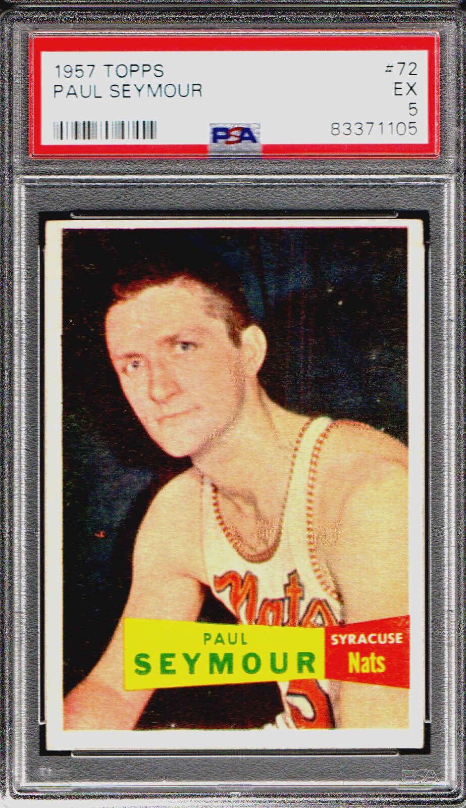 1957 TOPPS #72 PAUL SEYMOUR ROOKIE SYRACUSE NATS - PSA EX 5 - NICE