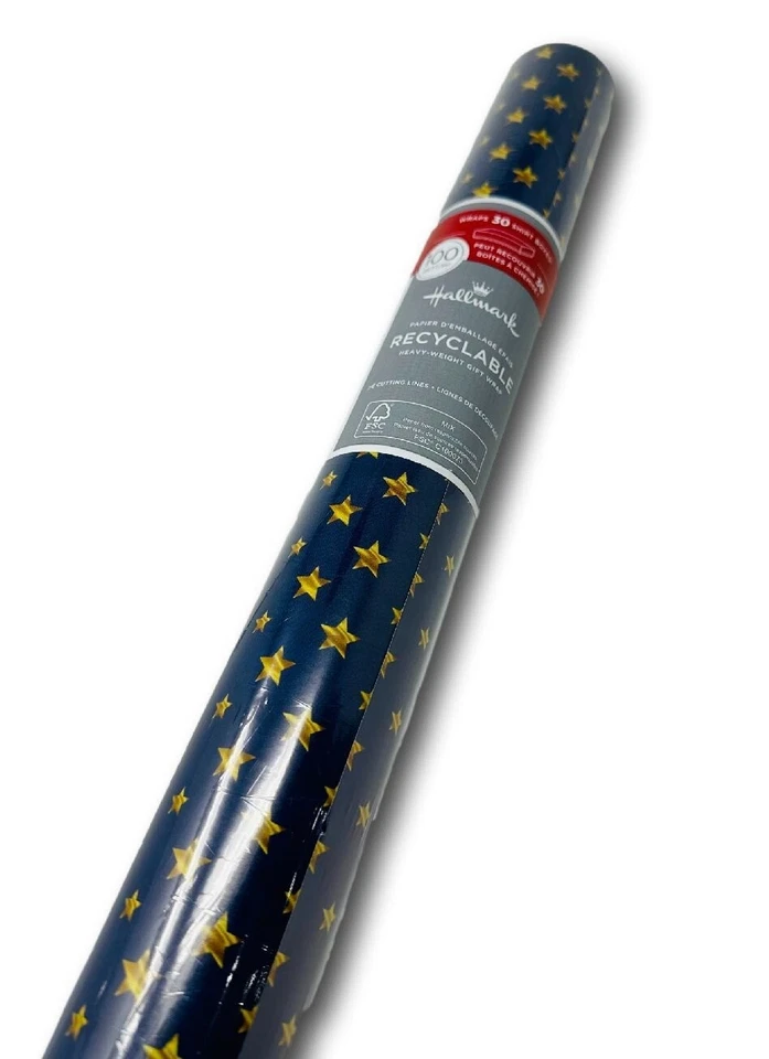 Hallmark Wrapping Paper Christmas Gold Stars Blue 100 sq ft Jumbo Roll Holiday - Image 2 of 2