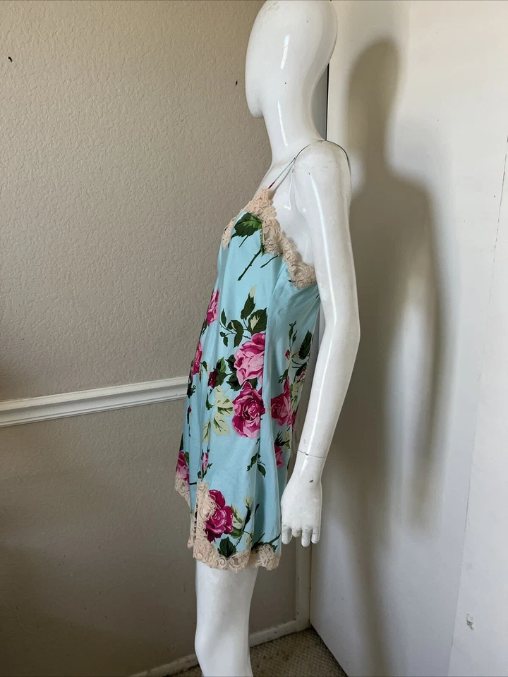 Camisón BADGLEY MISCHKA Azul Cielo/Rosa Floral 100% Seda Encaje Recortado Chemise Talla M Foto 3 de 4