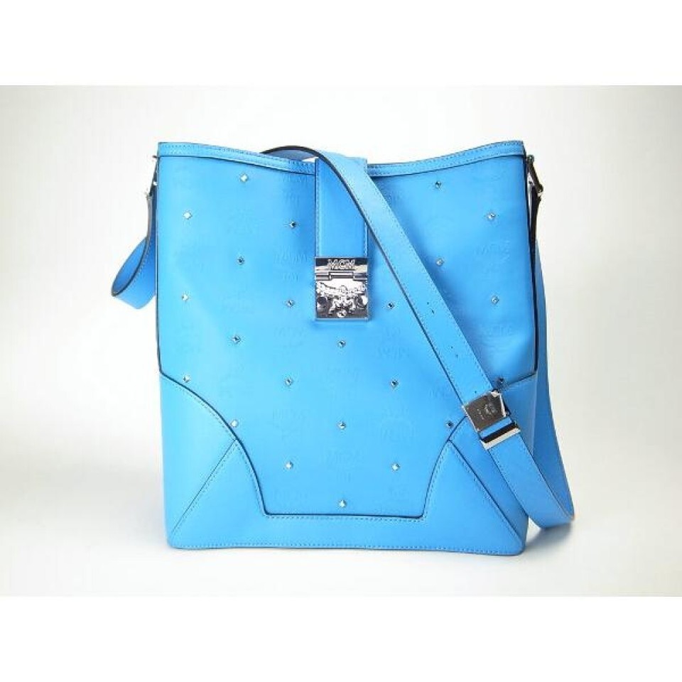 MCM Shoulder Bag Silver Metal Fittings Nylon/Leather Light Blue 13453K