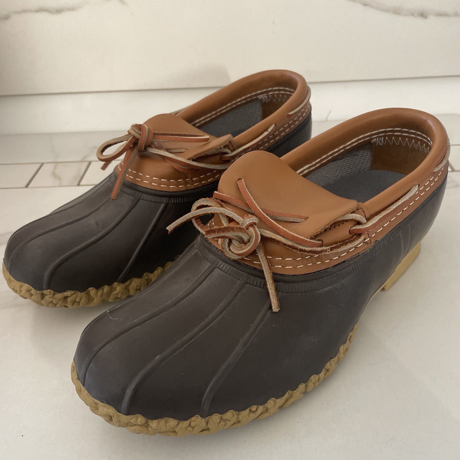 LL Bean Mocs Duck Boots Womens 8 Brown Leather Rubber Rain Waterproof Made USA