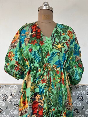 India Green Frida Kaftan Summer Bikini Cover Up Maxi Beach Kimonos Dresses US