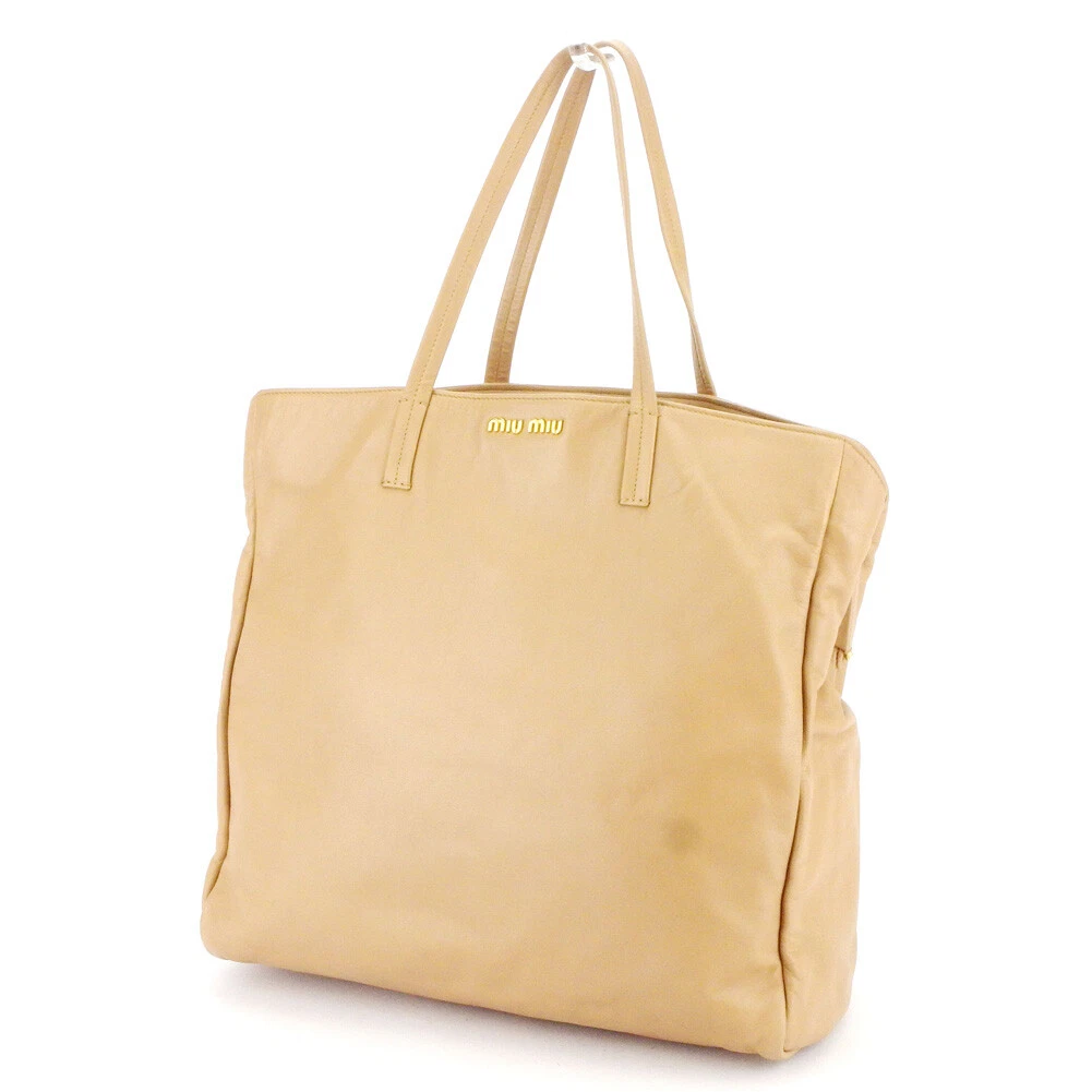 miu miu Tote Bag logo pink beige leather Authentic used T9872