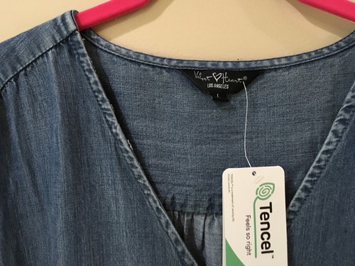 Velvet Heart Women’s Boxy Top Size L chambray Tencel V Neck Button New - Picture 3 of 5
