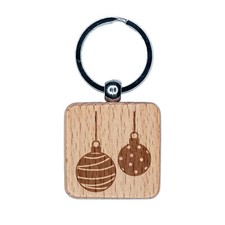 Round Holiday Christmas Ornaments Engraved Wood Square Keychain Tag Charm