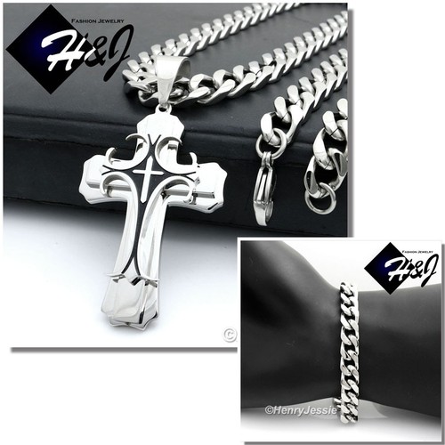 30"Stainless Steel 9mm Silver Cuban Chain Bracelet Black Plated Cross Pendant*H - 第 1/8 張圖片