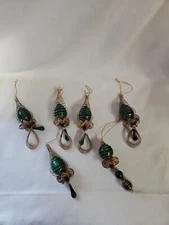 Set Of 6 Vintage Christmas Ornaments Green And Gold 4.5 Inches - 6 Inches Long