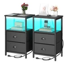 Nightstand with Charging Station, LED Night Stand Set 2, Bedside Table End Ta...