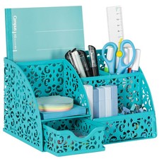 Pen Holder Desk Organizer with Drawer Pencil Cup for Desk 6 Compartments Meta...