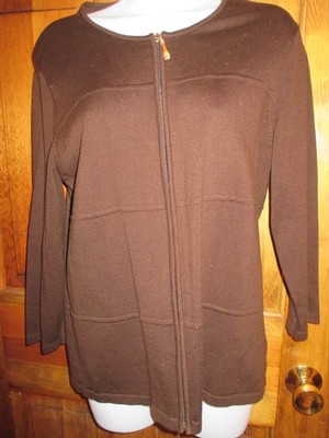 Jones New York Signature - 3/4 Sleeve Sweater, Full Zipper, Brown, Large