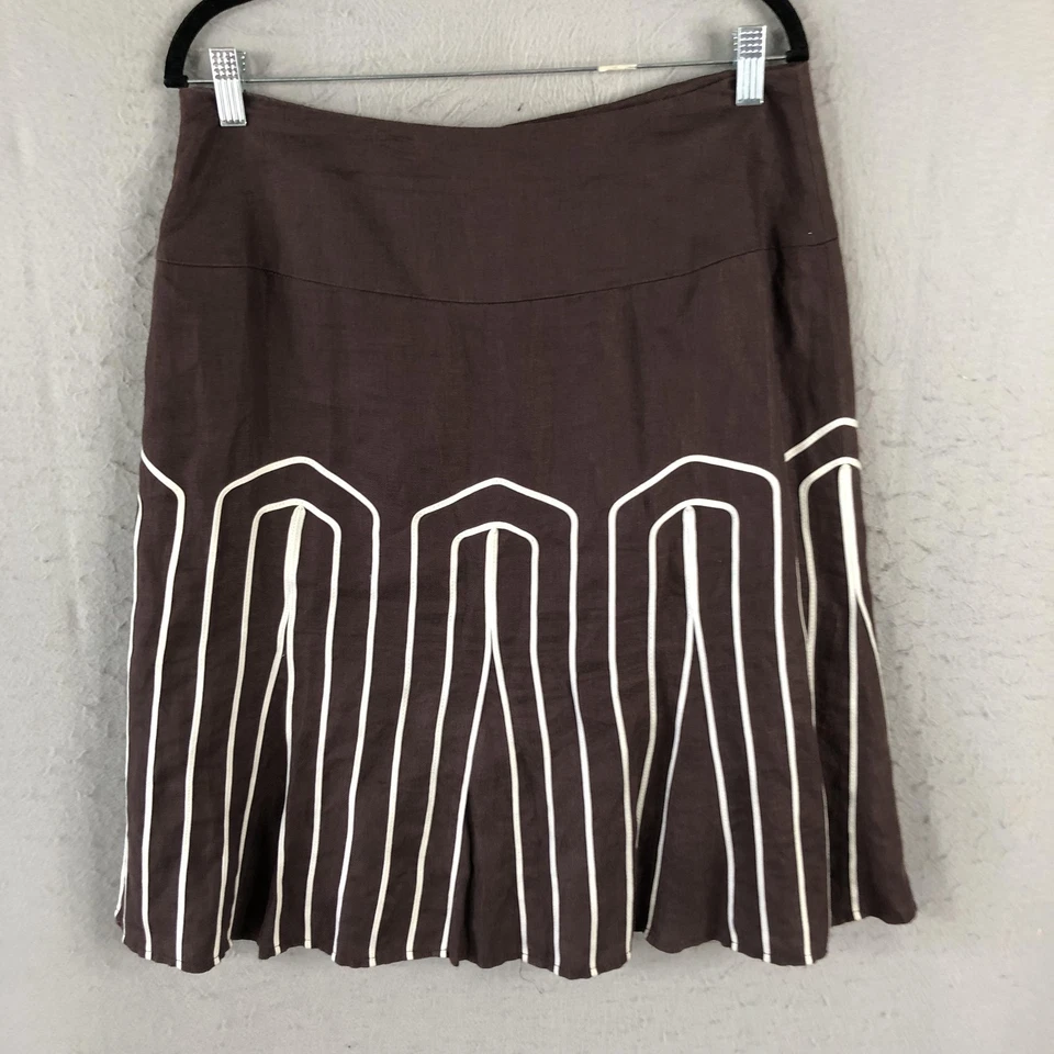 Falda Worthington Mujer Talla 12 Marrón Blanco Mezcla Lino Línea A Preppy Retro Foto 2 de 4