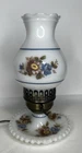Vintage Milk Glass Hurricane Lamp Floral Blue Roses Beaded Hobnail Base Electric