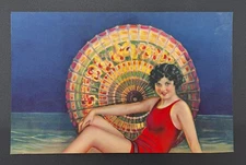 Vintage 1920s Bathing Beauty Pin-Up Print Colorful Parasol Art 7x11