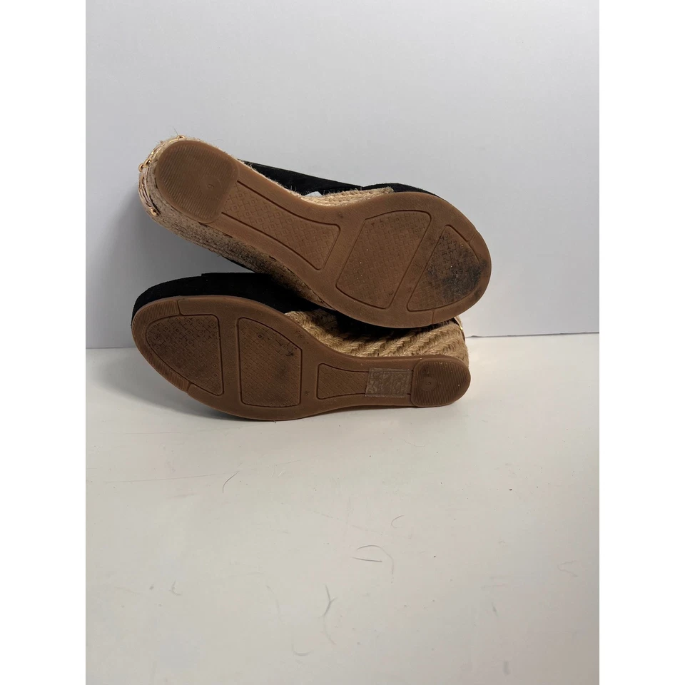 Tory Burch Women's Black Suede Wedge Espadrille Slides Sandals Gold Logo - Image 3 of 4