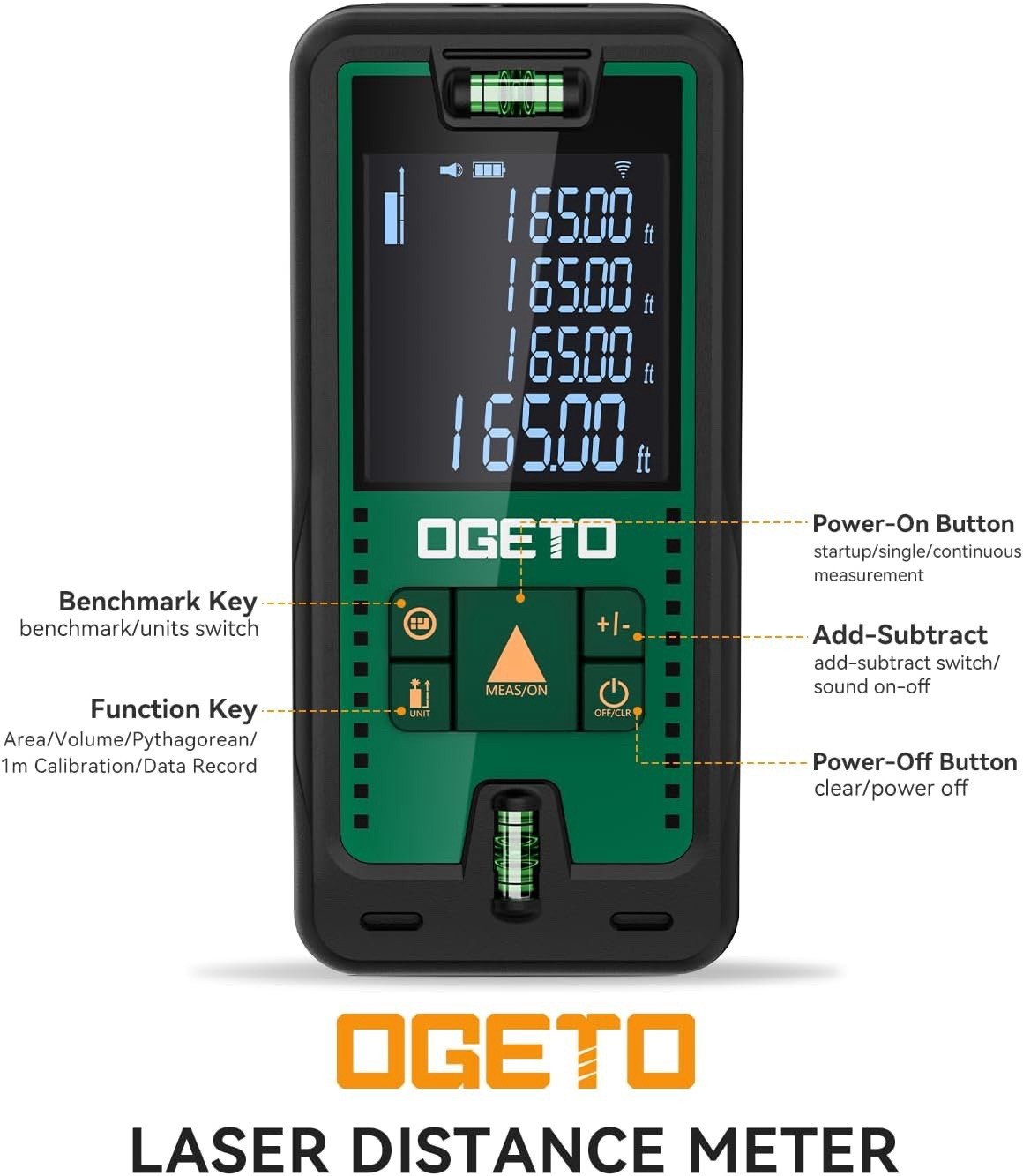 Télémètre laser vert Ogeto pour mesure de distance et volume avec mémoire de 99 données
