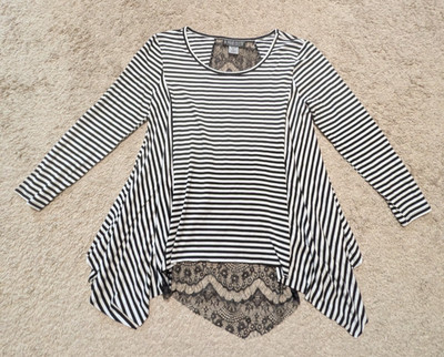 Pyramid Collection Shirt Sz M Handkerchief Hem Striped Moira Goth Lace Halloween