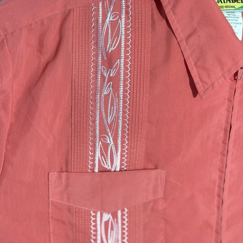 The Genuine Haband Guayabera Shirt (L) Coral Zip Front Embroidered Pockets - Image 4 of 4