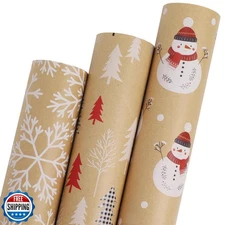 LaRibbons Kraft Christmas Wrapping Paper Rolls with Cutlines, Snowman/Snowfla