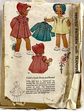 1943 McCall Sewing Pattern 1051 Girls Coat Dress Bonnet Size 1 Vintage 16759