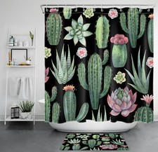 Wild Succulent Plant Green Cactus Black Shower Curtain Bathroom Accessories Set