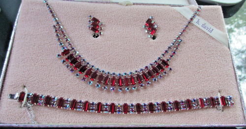 VTG B DAVID AB Red Rhinestone Baguette Necklace Bracelet Earrings ...