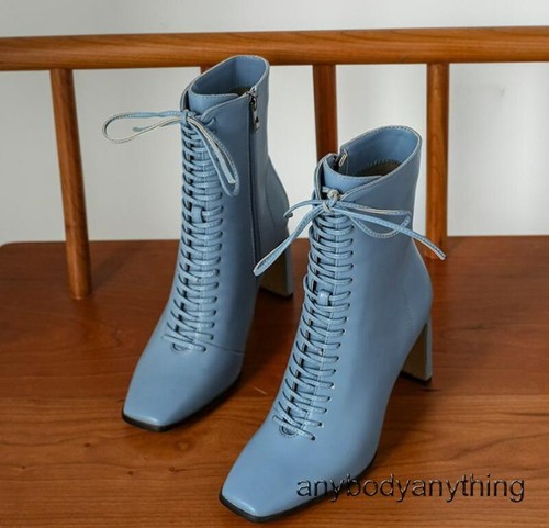 Womens OL Square Toe Lace Up Ankle Boots High Heels Daily Business Chelsea Boot - Picture 5 of 27