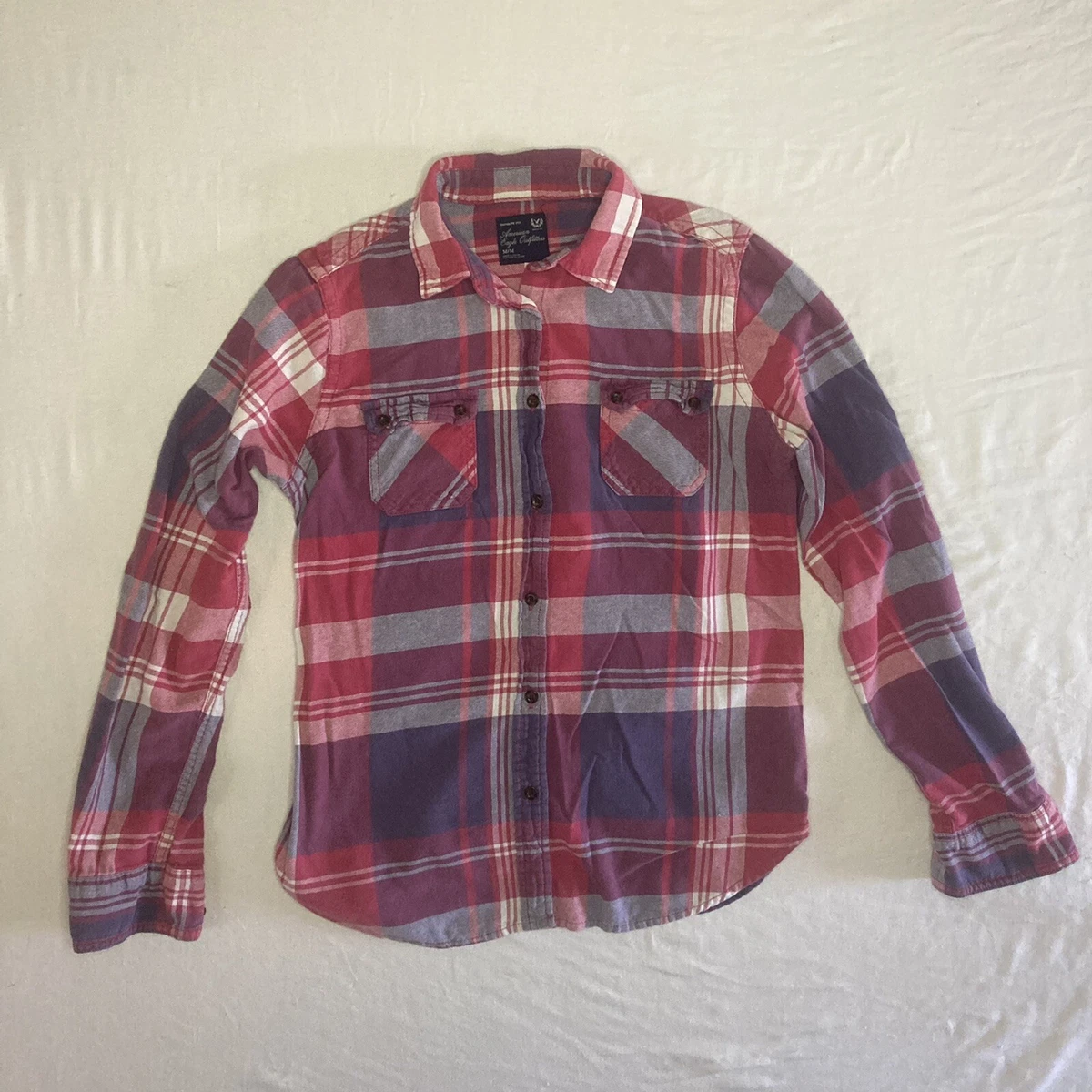 American Eagle Flannel Shirt Women s Medium Favorite Fit Plaid Button Pockets M
