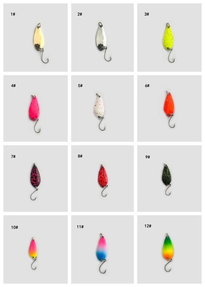 Señuelo de cuchara de metal colorido 12 piezas señuelo de pesca trucha lubina cebos hilanderos ganchos de plantilla Foto 2 de 4