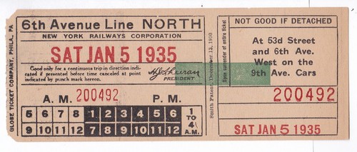Streetcar Free Transfer: NY Railways Corp., 6th Ave. Line N., Manhattan - 1935