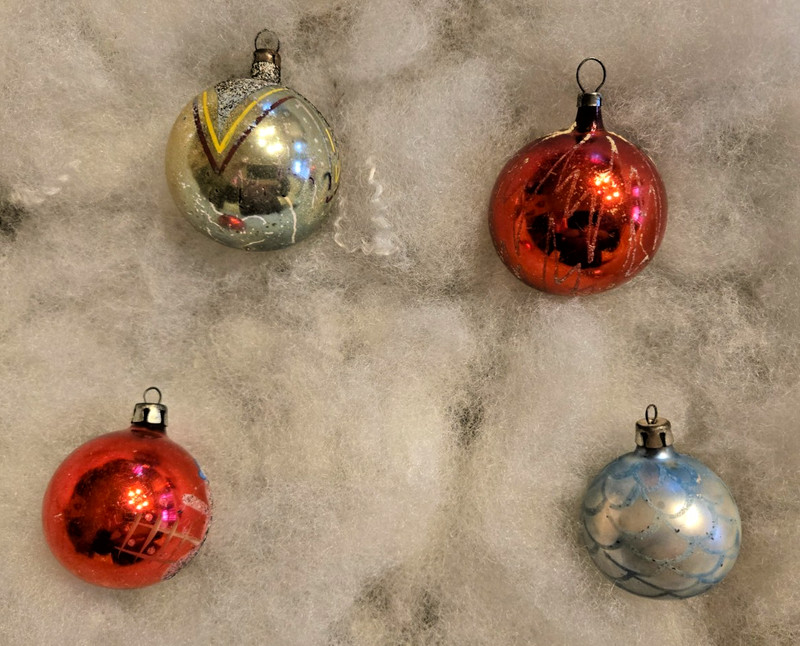 4 Vintage Mercury Glass Christmas Ornaments "Variety" Poland 1950's 2"