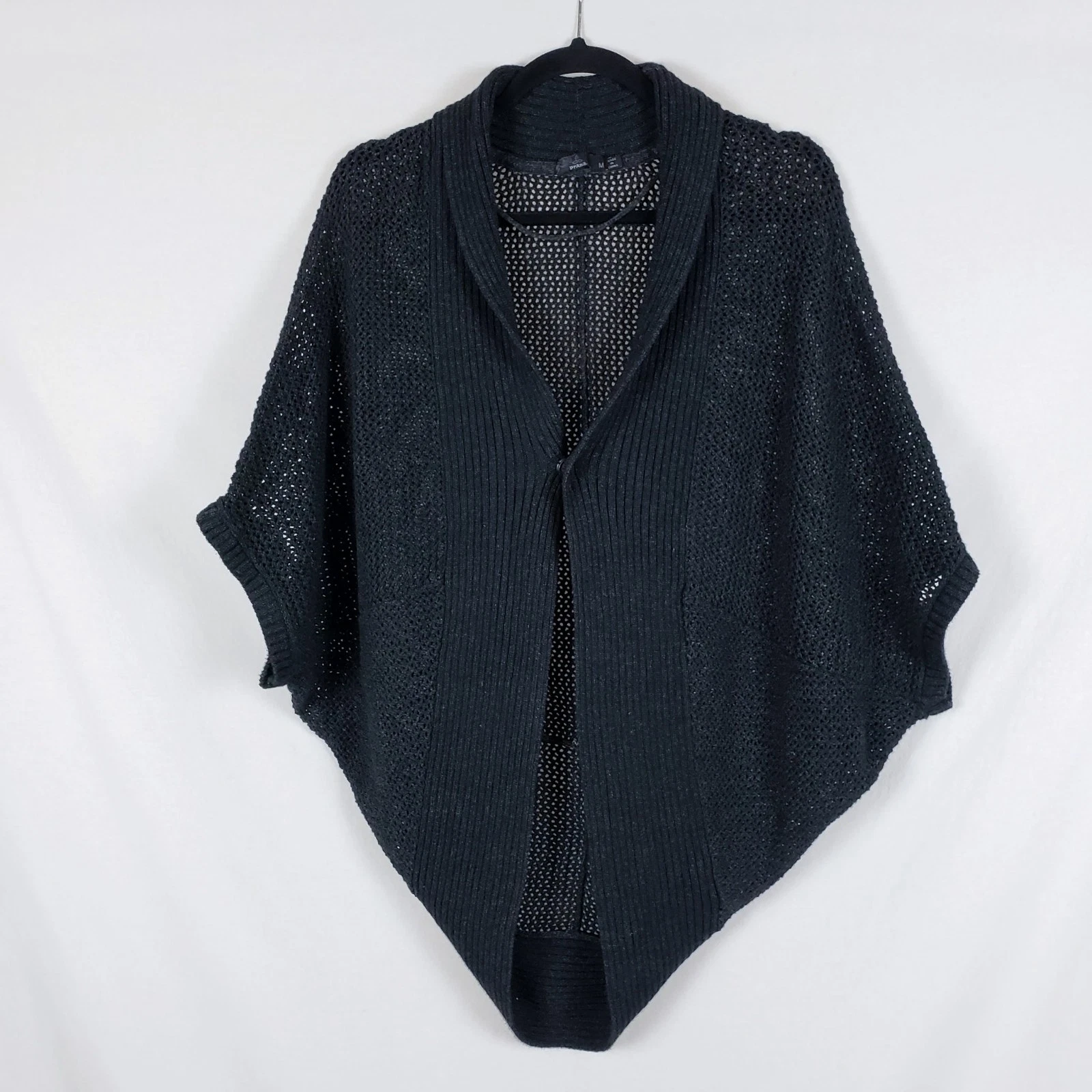 Prana Open Knit Poncho Cardigan Womens M Snap Button Shawl Collar Boho Beach