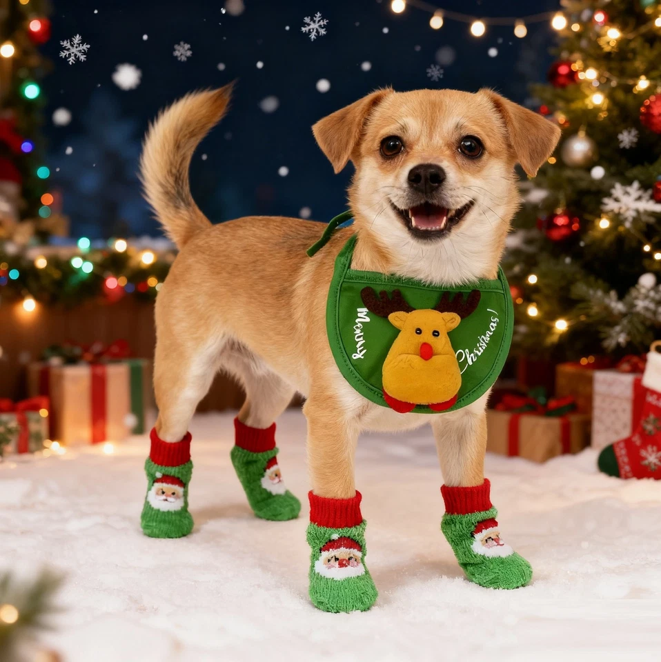NUEVO Conjunto Babero + Calcetines Navidad Mascota Disfraz Traje de Navidad Divertido Perro Gato Mascota Cachorro EE. UU. Foto 2 de 4