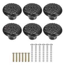 6Pcs 34mm Flower Pattern Ceramic Knobs with Screws Black
