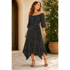Maeve Anthropologie Polka Dot Handkerchief Hem Belted Midi Dress Black White 2
