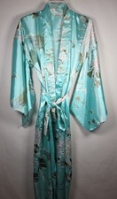 Japanese Juguemm Size 48x57" Teal Blue Satin Floral Belted Long Kimono Robe
