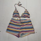 Rainbow Striped Bikini Swimsuit Set Womens M Swim Shorts Lined Stretch 2 Piece