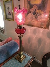 Antique Brass OIL FLOOR Lamp Hinks'S FENTON Cranberry Shade Conv. Electric 35
