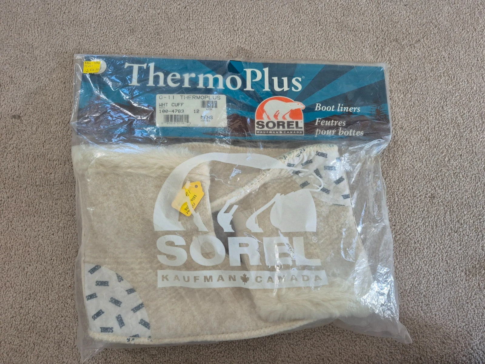 New SOREL ThermoPlus Replacment Sock Boot Liners 100-4783- MENS Sz 12 white cuff
