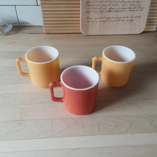 Set Of 3 Hazel Atlas 3" Milk Glass Coffee Mugs. D Handle. Orange & Yellow