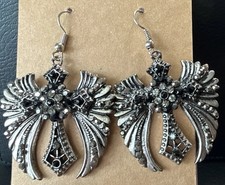 Silver Tone Black Rhinestone Dangle Drop Earr...