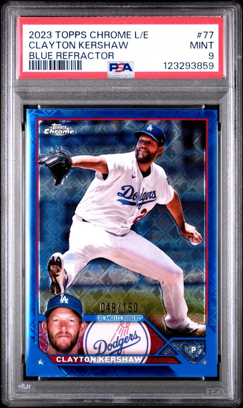 2023 Topps Chrome Logofractor Blue Refractor /150 Clayton Kershaw #77 PSA 9